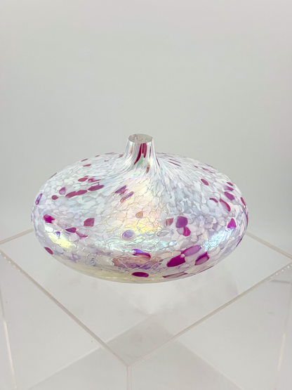 1995 Roger Vines MSH Art Glass Oil Lamp in Iridescent Pink and White with Mount St. Helens Ash, Signed