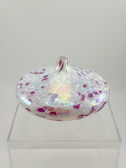 1995 Roger Vines MSH Art Glass Oil Lamp in Iridescent Pink and White with Mount St. Helens Ash, Signed