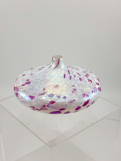 1995 Roger Vines MSH Art Glass Oil Lamp in Iridescent Pink and White with Mount St. Helens Ash, Signed