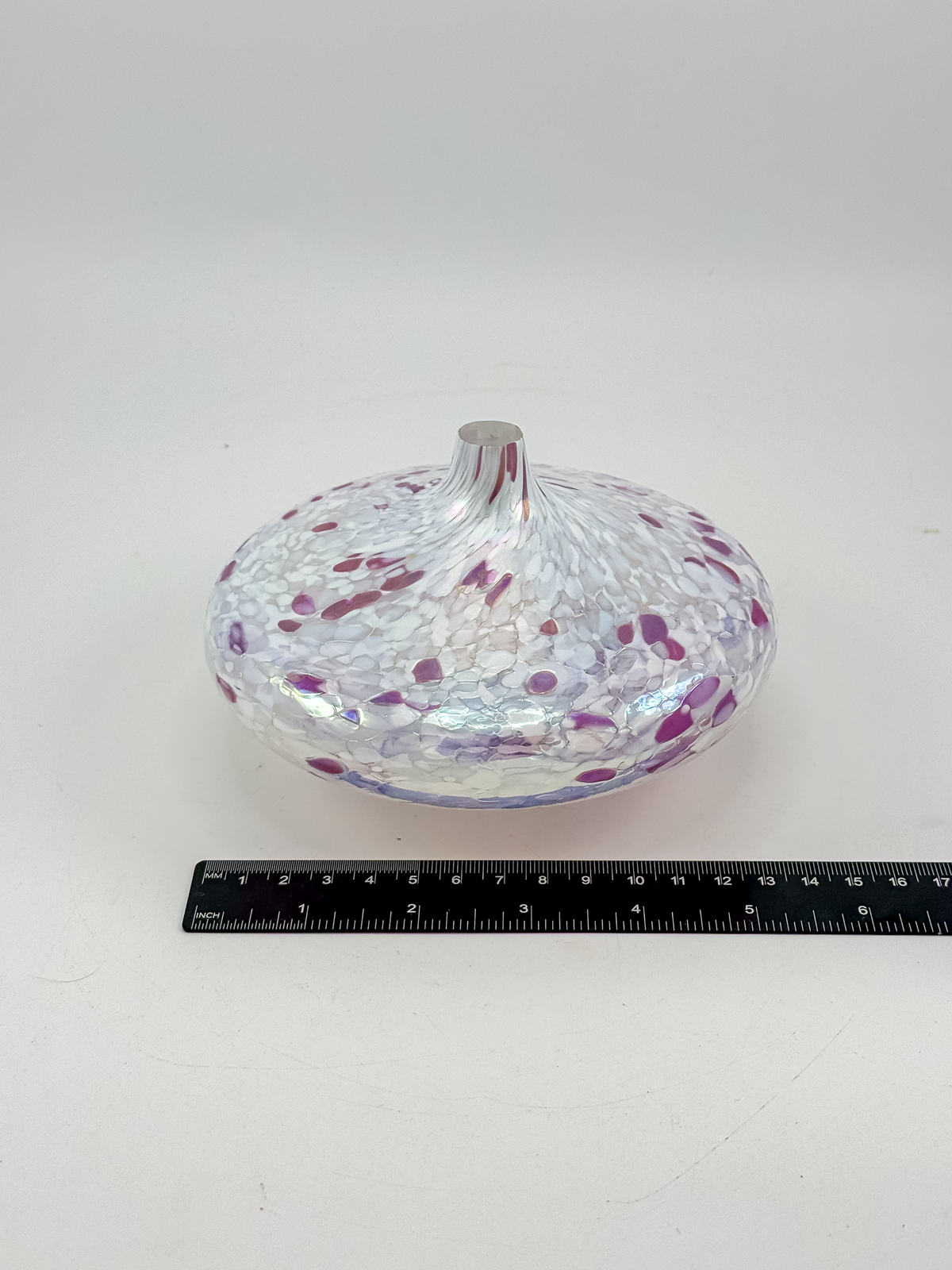 1995 Roger Vines MSH Art Glass Oil Lamp in Iridescent Pink and White with Mount St. Helens Ash, Signed