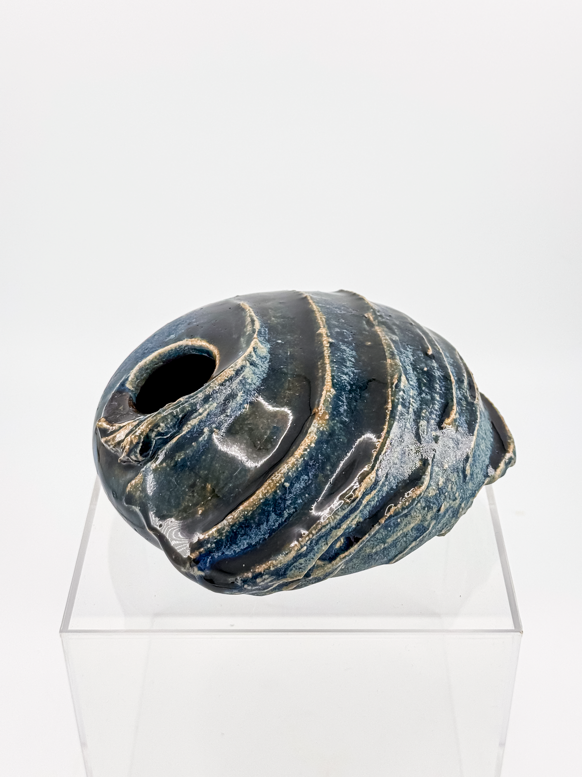 Copper Crane Pottery Ikebana Vase with Blue-Gray Glaze and Sculptural Shell-Like Ridges