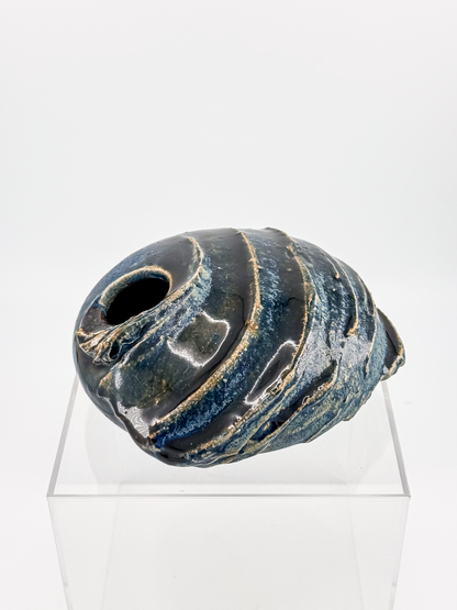 Copper Crane Pottery Ikebana Vase with Blue-Gray Glaze and Sculptural Shell-Like Ridges