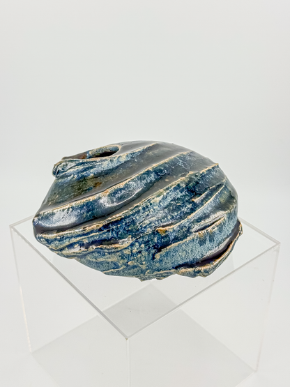 Copper Crane Pottery Ikebana Vase with Blue-Gray Glaze and Sculptural Shell-Like Ridges