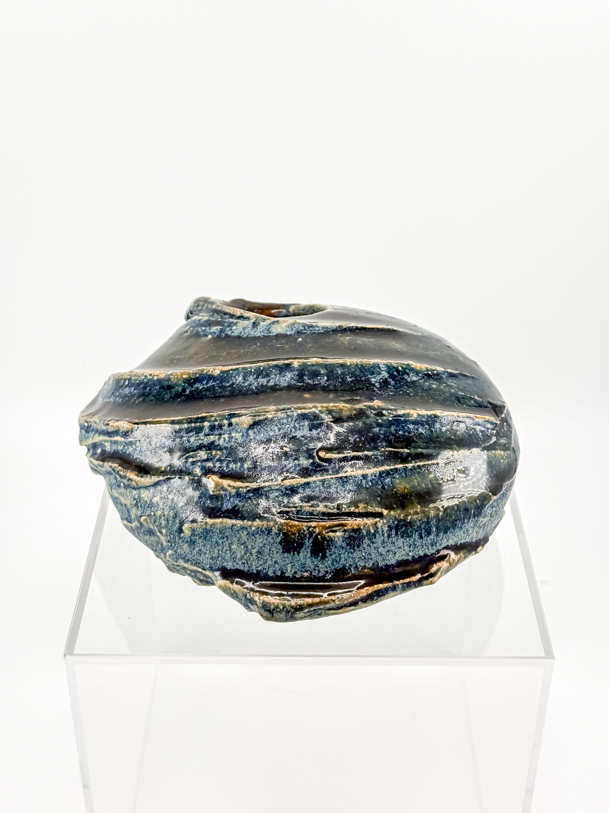 Copper Crane Pottery Ikebana Vase with Blue-Gray Glaze and Sculptural Shell-Like Ridges