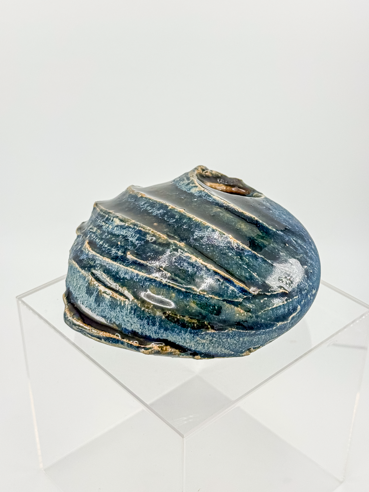 Copper Crane Pottery Ikebana Vase with Blue-Gray Glaze and Sculptural Shell-Like Ridges