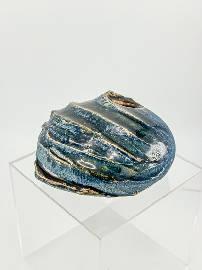 Copper Crane Pottery Ikebana Vase with Blue-Gray Glaze and Sculptural Shell-Like Ridges