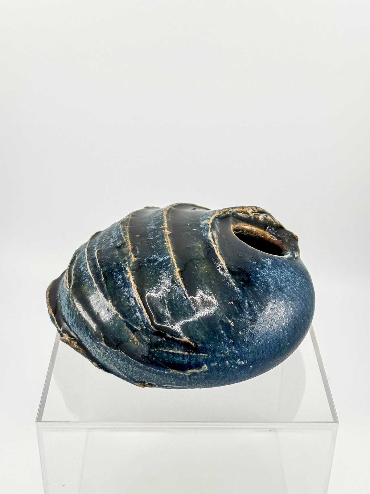 Copper Crane Pottery Ikebana Vase with Blue-Gray Glaze and Sculptural Shell-Like Ridges