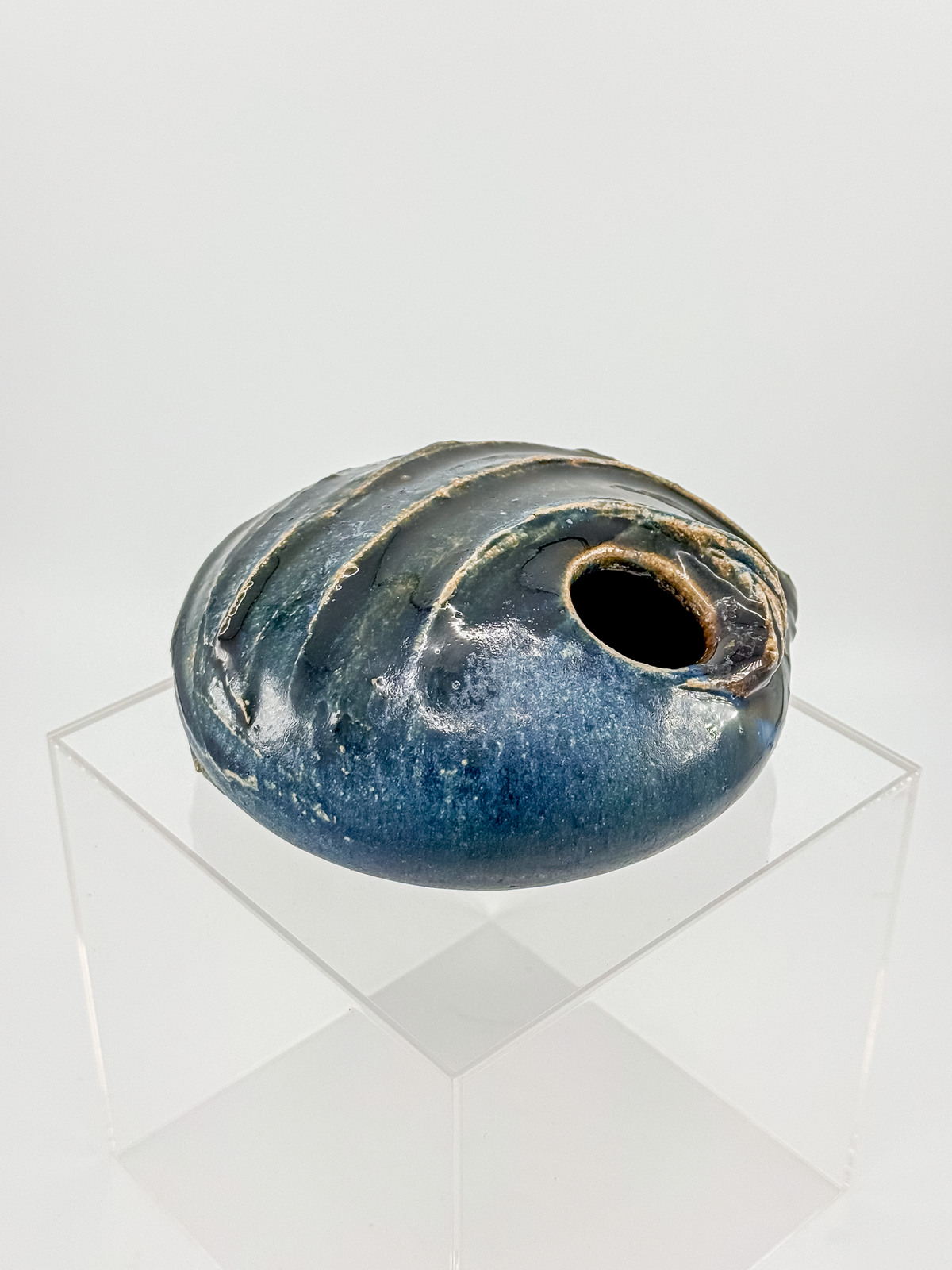 Copper Crane Pottery Ikebana Vase with Blue-Gray Glaze and Sculptural Shell-Like Ridges