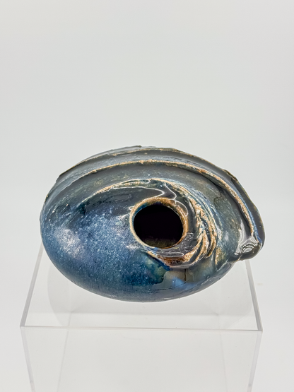 Copper Crane Pottery Ikebana Vase with Blue-Gray Glaze and Sculptural Shell-Like Ridges