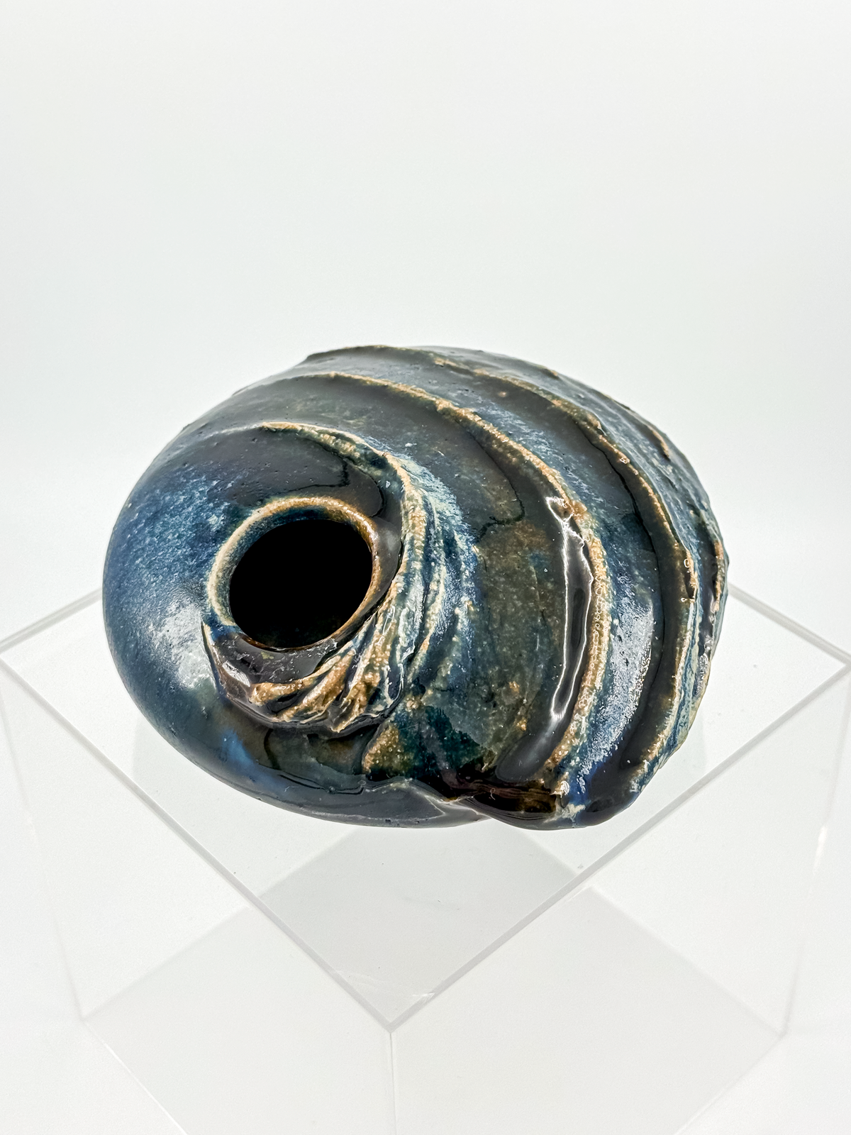 Copper Crane Pottery Ikebana Vase with Blue-Gray Glaze and Sculptural Shell-Like Ridges
