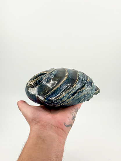Copper Crane Pottery Ikebana Vase with Blue-Gray Glaze and Sculptural Shell-Like Ridges