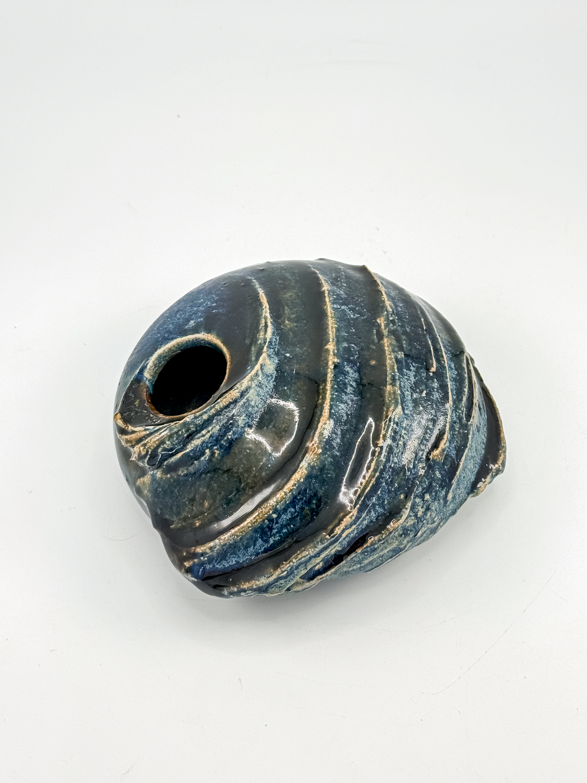 Copper Crane Pottery Ikebana Vase with Blue-Gray Glaze and Sculptural Shell-Like Ridges