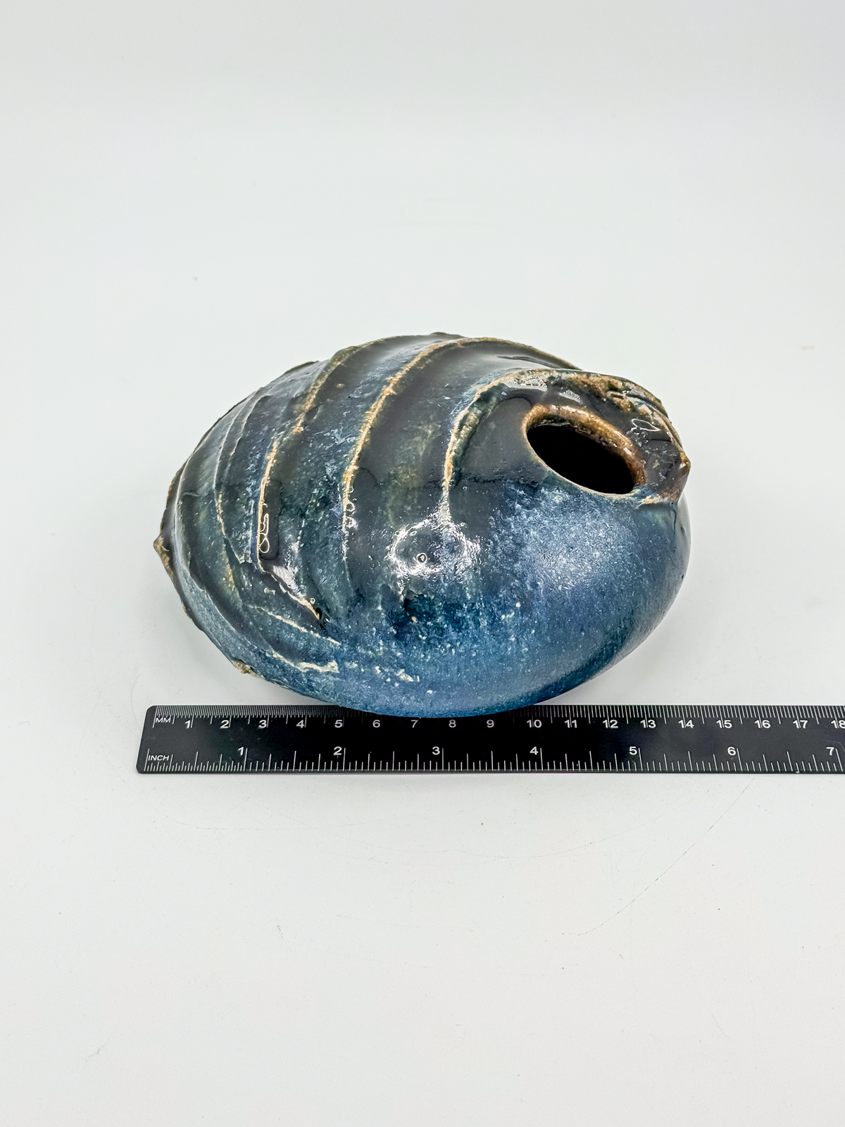 Copper Crane Pottery Ikebana Vase with Blue-Gray Glaze and Sculptural Shell-Like Ridges