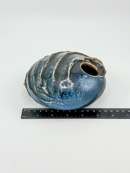Copper Crane Pottery Ikebana Vase with Blue-Gray Glaze and Sculptural Shell-Like Ridges
