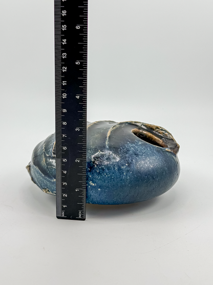Copper Crane Pottery Ikebana Vase with Blue-Gray Glaze and Sculptural Shell-Like Ridges