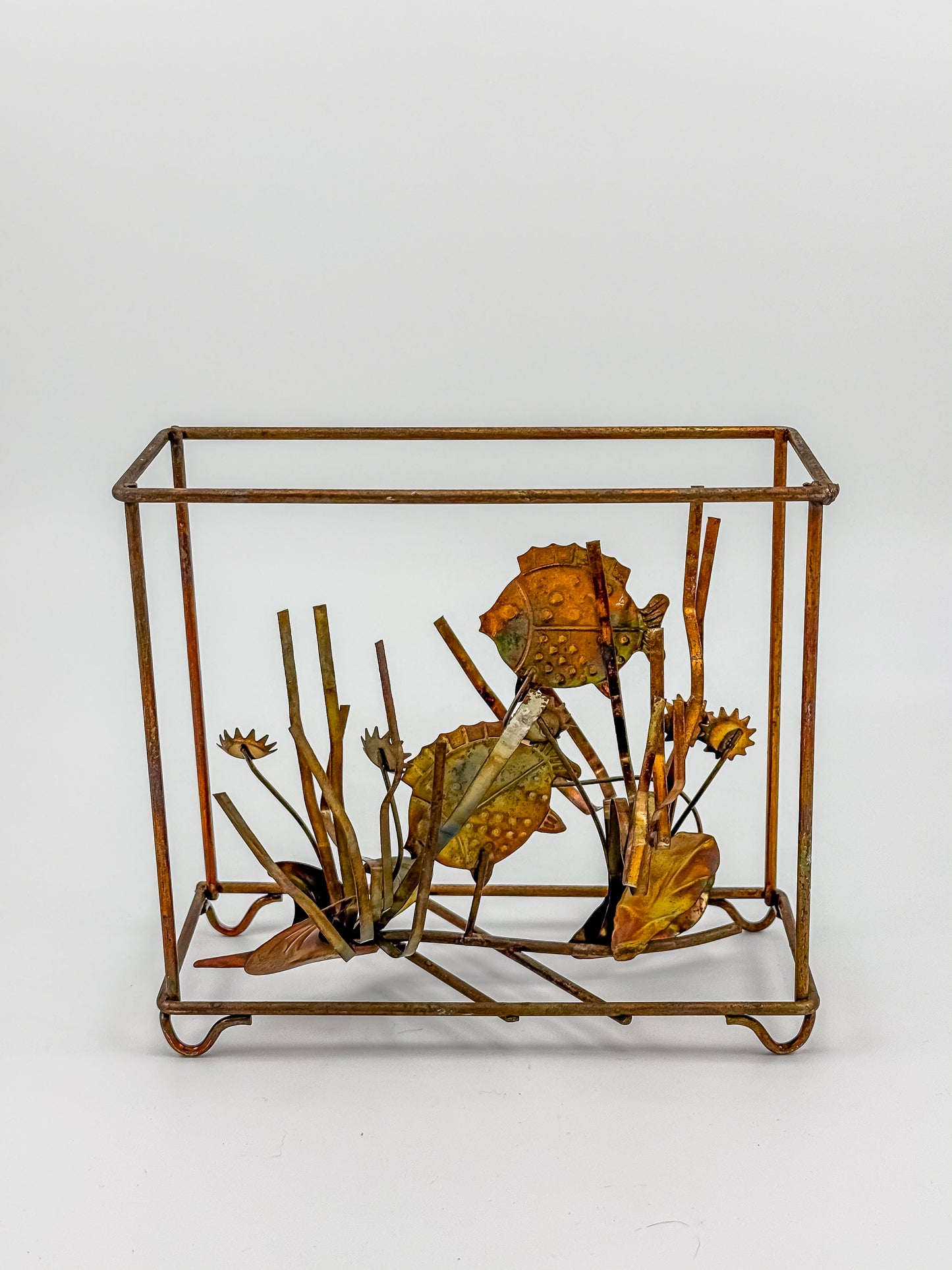 Vintage Brutalist Mixed Metal Fish Waterless Aquarium Sculpture