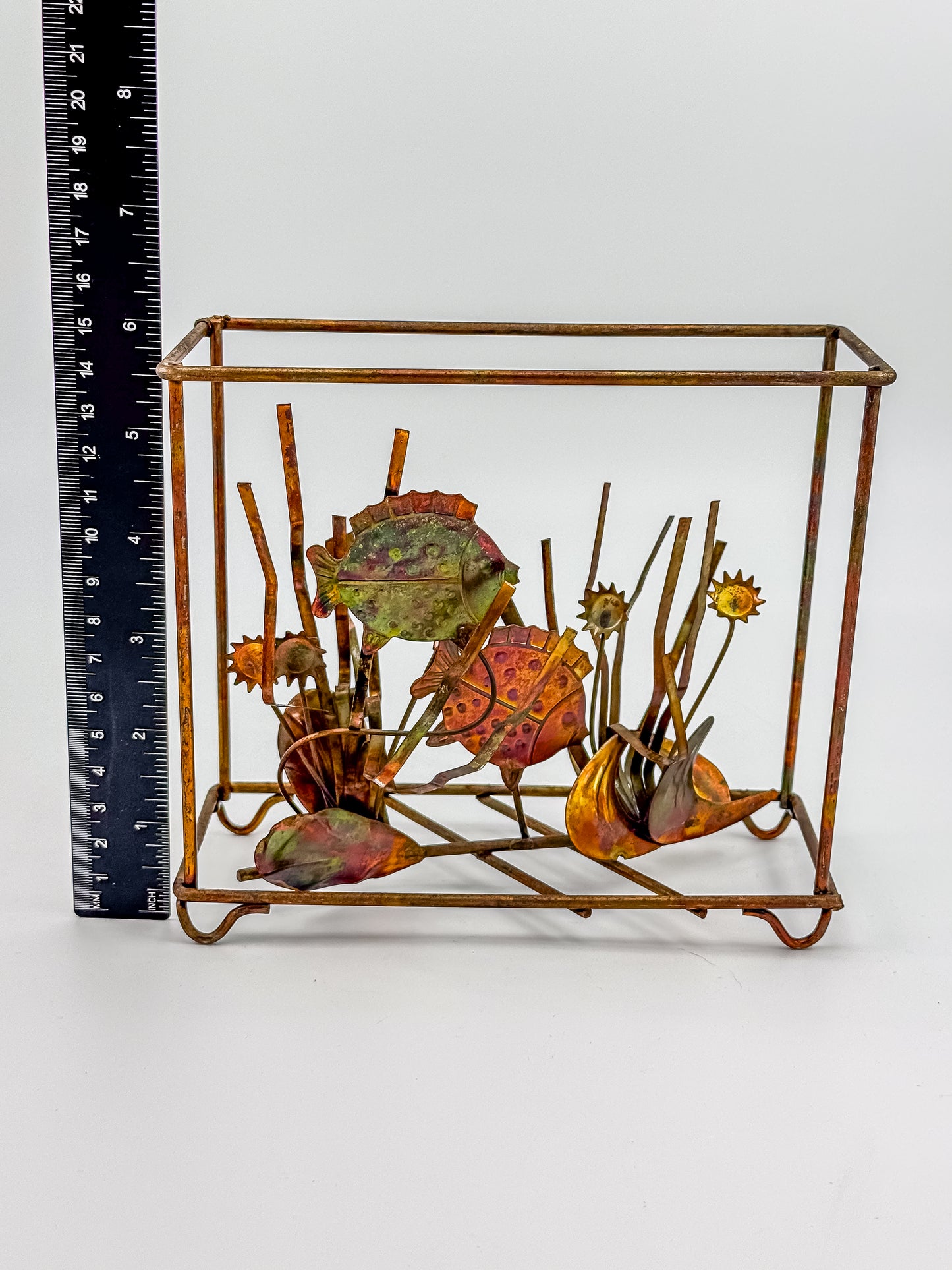 Vintage Brutalist Mixed Metal Fish Waterless Aquarium Sculpture