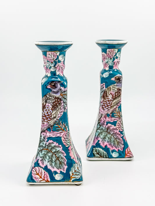 Vintage Chinoiserie Peacock Candlestick Holders (Pair)