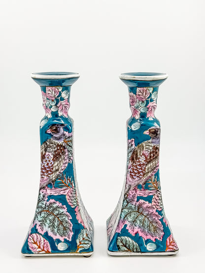 Vintage Chinoiserie Peacock Candlestick Holders (Pair)