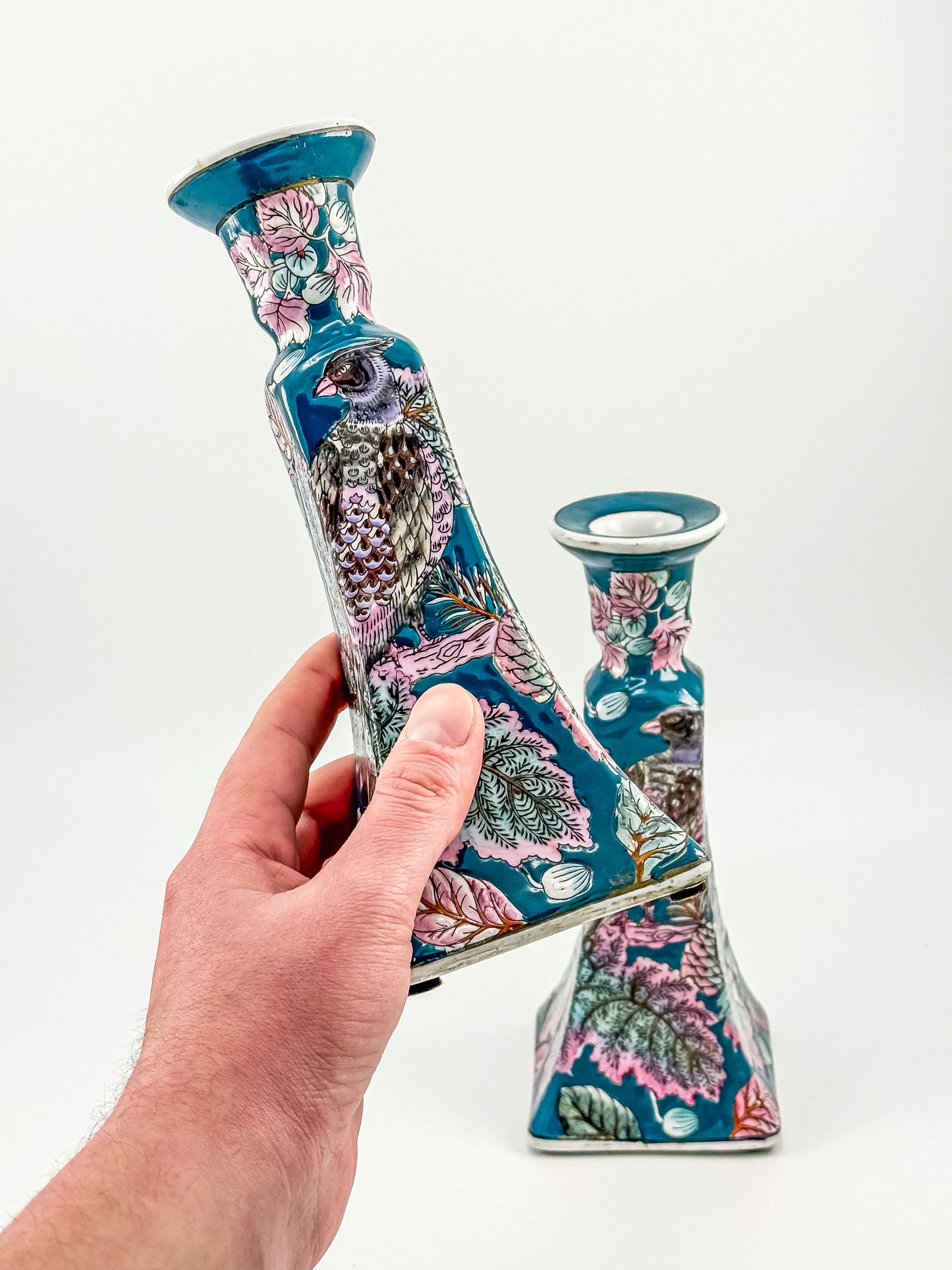 Vintage Chinoiserie Peacock Candlestick Holders (Pair)