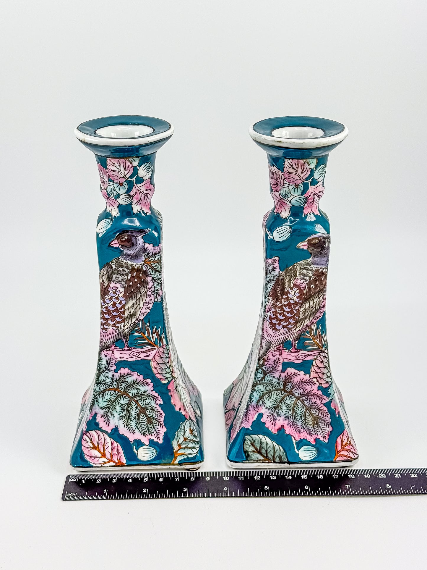Vintage Chinoiserie Peacock Candlestick Holders (Pair)
