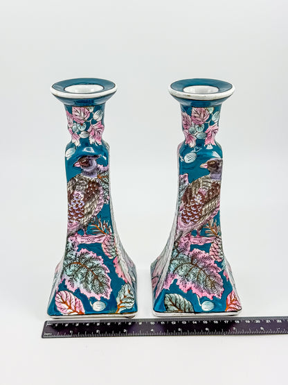 Vintage Chinoiserie Peacock Candlestick Holders (Pair)