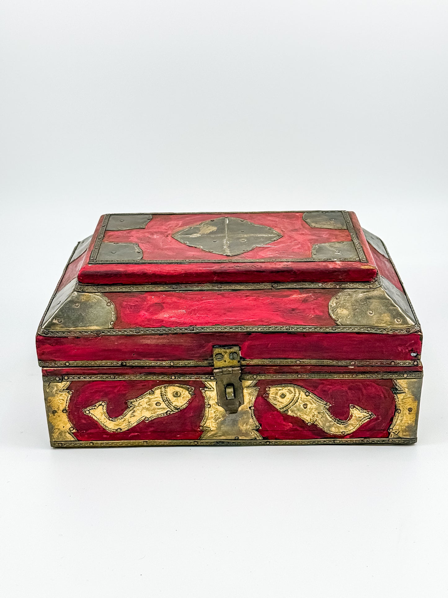 Vintage Indian Brass-Fitted Red Lacquered Wooden Box