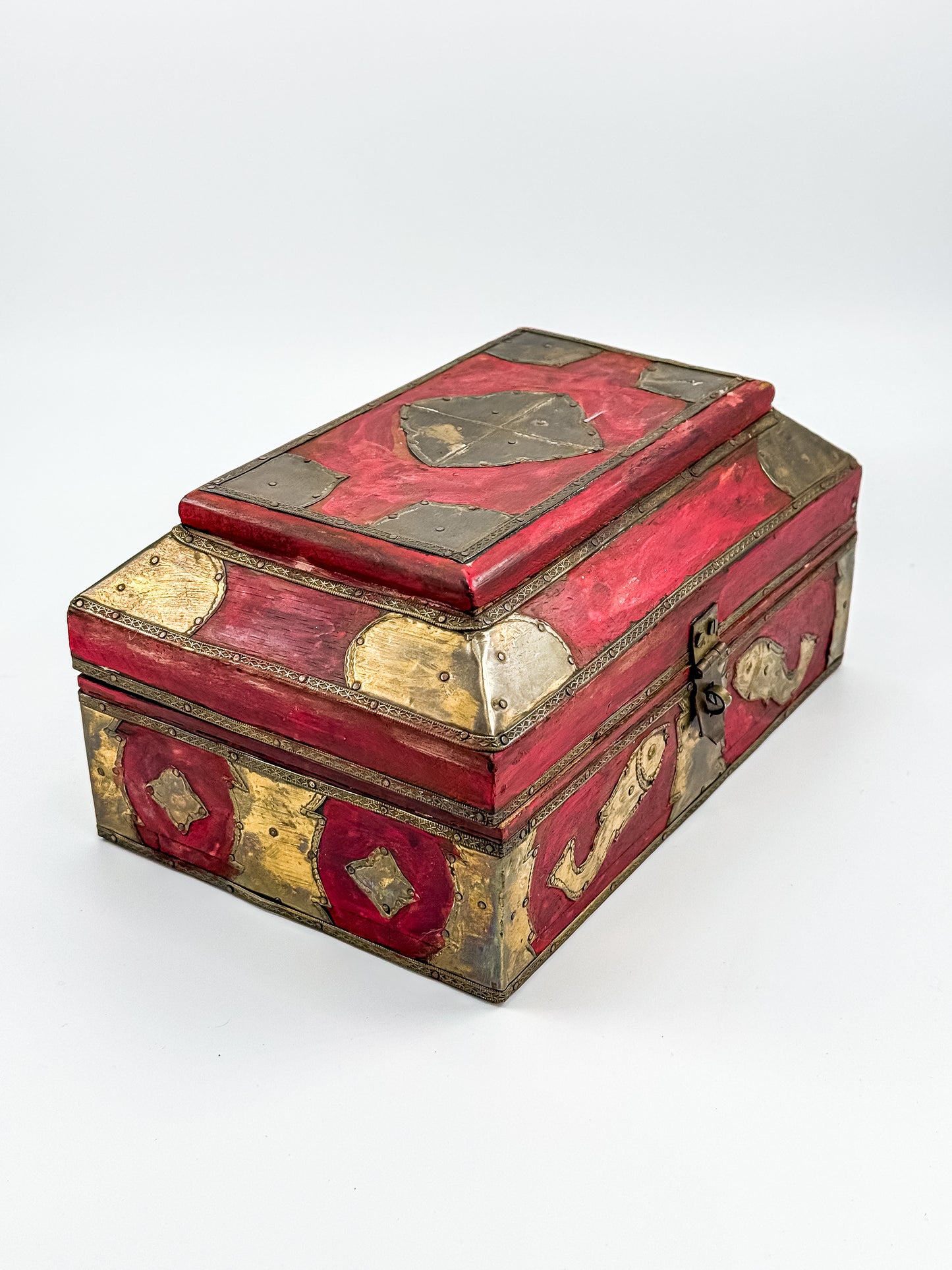 Vintage Indian Brass-Fitted Red Lacquered Wooden Box