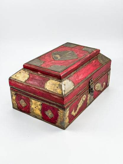 Vintage Indian Brass-Fitted Red Lacquered Wooden Box