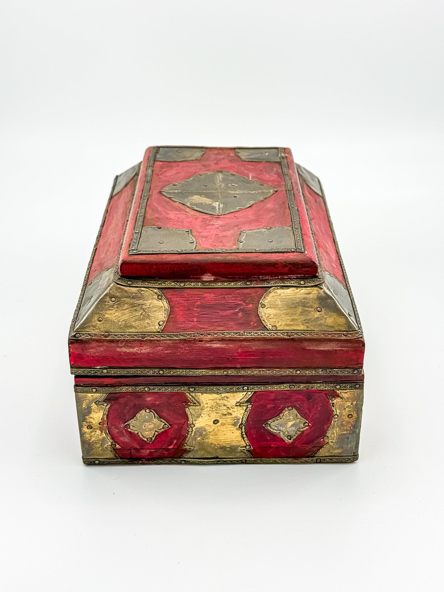 Vintage Indian Brass-Fitted Red Lacquered Wooden Box