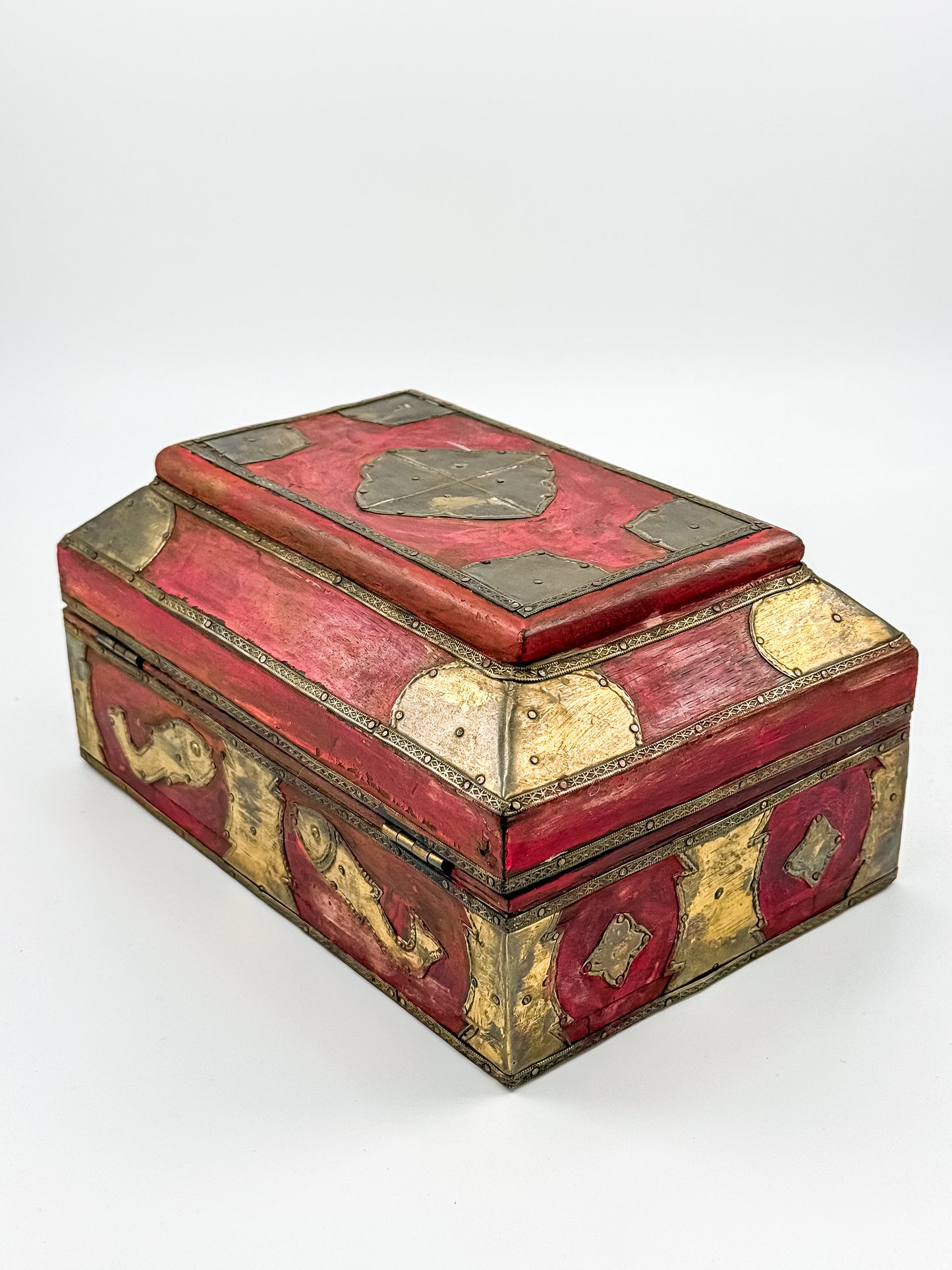 Vintage Indian Brass-Fitted Red Lacquered Wooden Box