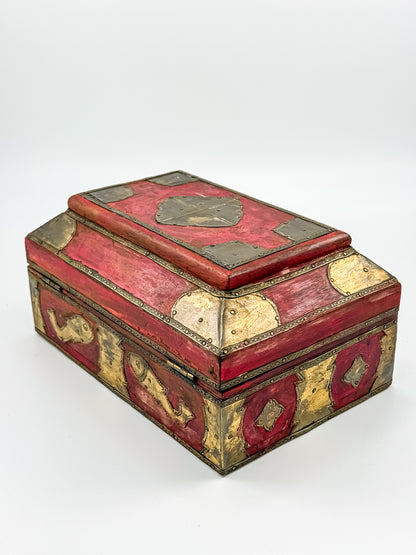 Vintage Indian Brass-Fitted Red Lacquered Wooden Box