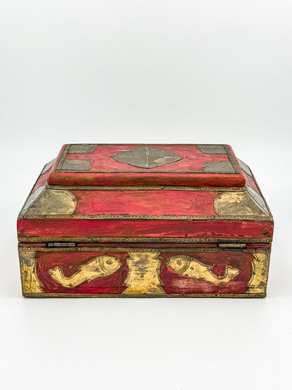 Vintage Indian Brass-Fitted Red Lacquered Wooden Box