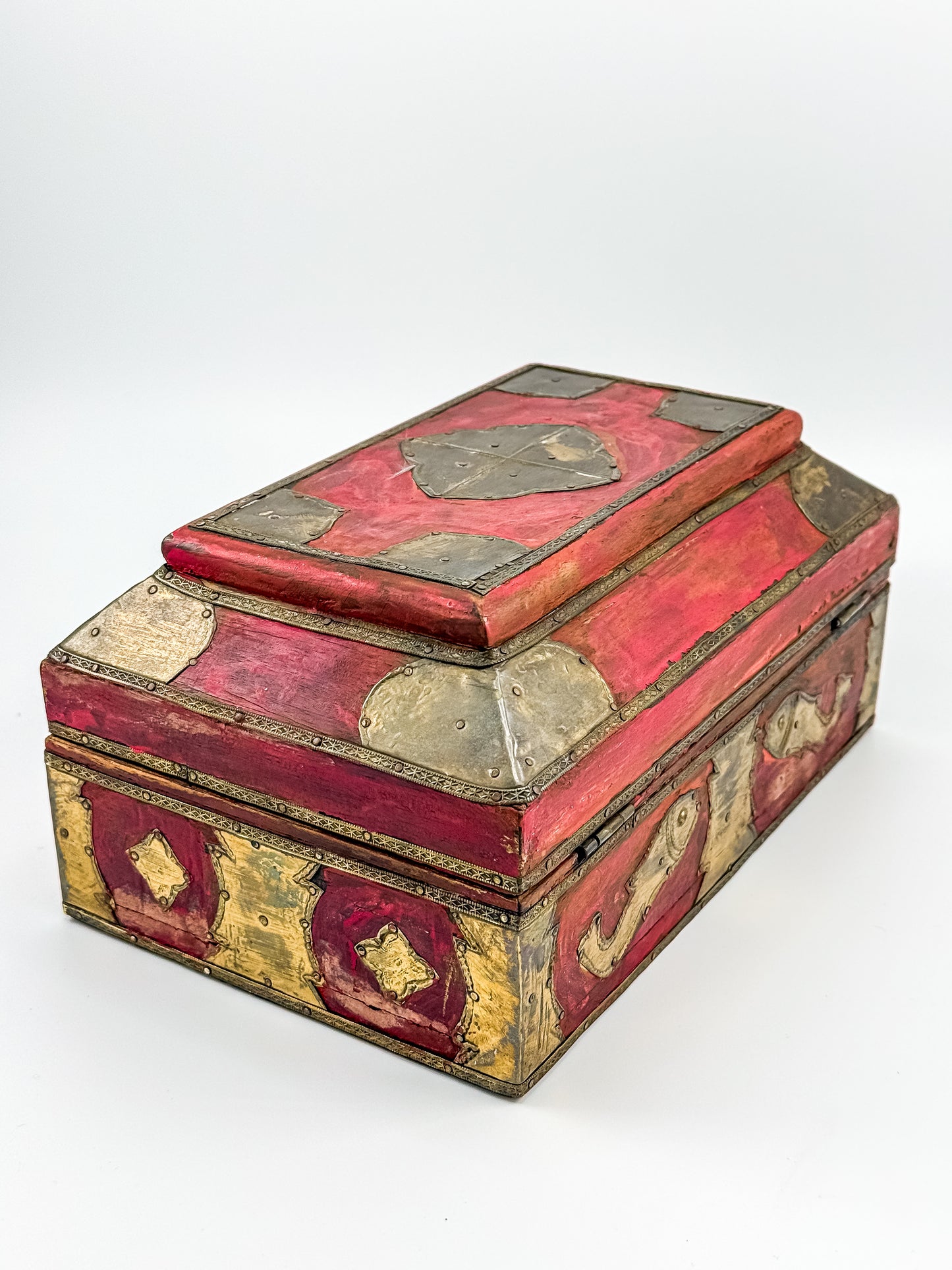 Vintage Indian Brass-Fitted Red Lacquered Wooden Box