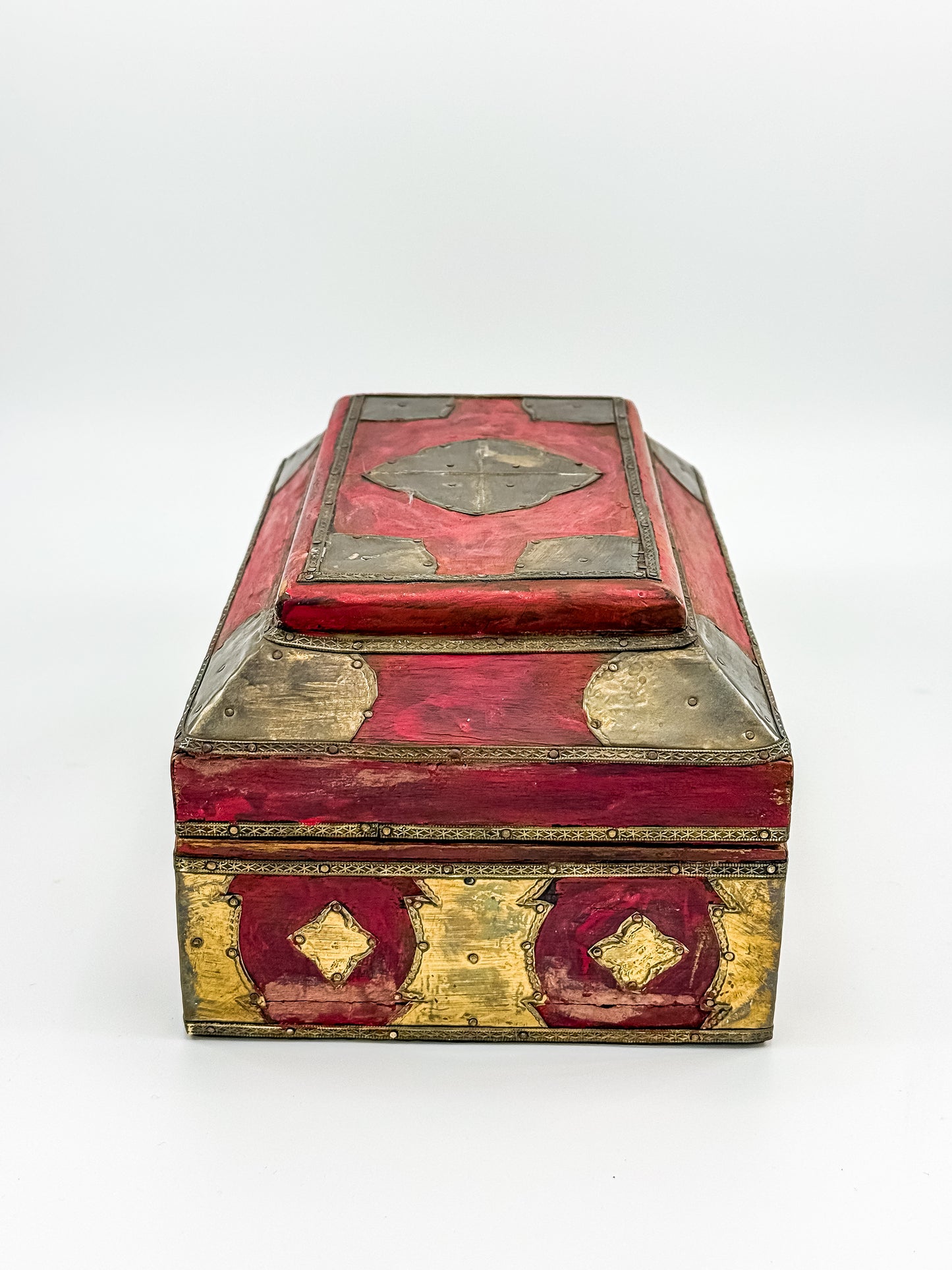 Vintage Indian Brass-Fitted Red Lacquered Wooden Box