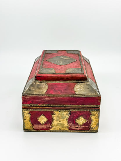 Vintage Indian Brass-Fitted Red Lacquered Wooden Box