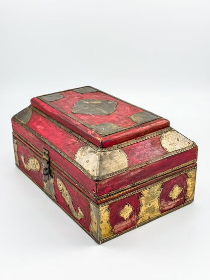Vintage Indian Brass-Fitted Red Lacquered Wooden Box