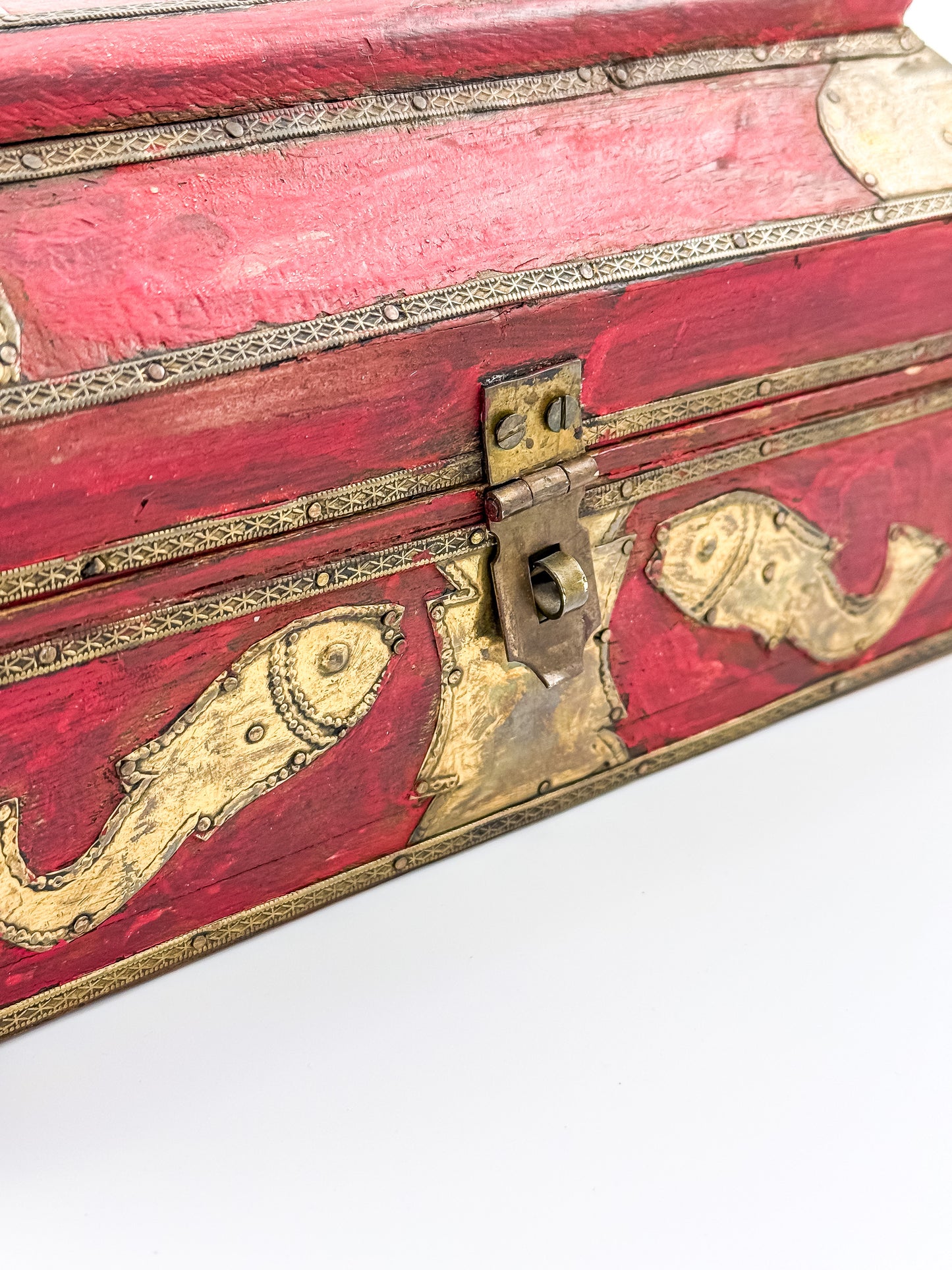 Vintage Indian Brass-Fitted Red Lacquered Wooden Box