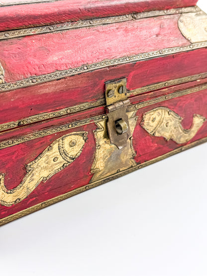 Vintage Indian Brass-Fitted Red Lacquered Wooden Box