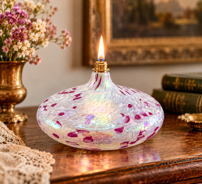 1995 Roger Vines MSH Art Glass Oil Lamp in Iridescent Pink and White with Mount St. Helens Ash, Signed