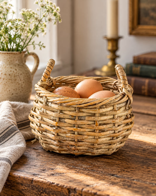Small Rustic Woven Basket with Two Wrapped Handles and Weathered Finish for Cottagecore Decor