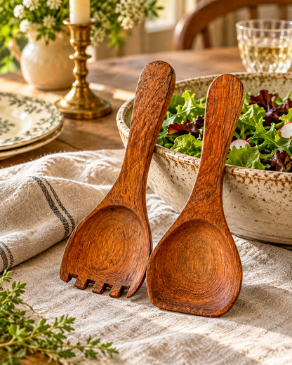 Vintage Wooden Salad Servers with Wide Spoon and Fork, Two-Piece Serving Set