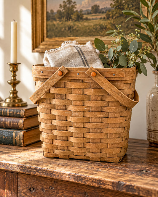 Longaberger Handwoven Wood Splint Basket with Two Swing Handles, Tall Rectangular Rustic Cottage Storage