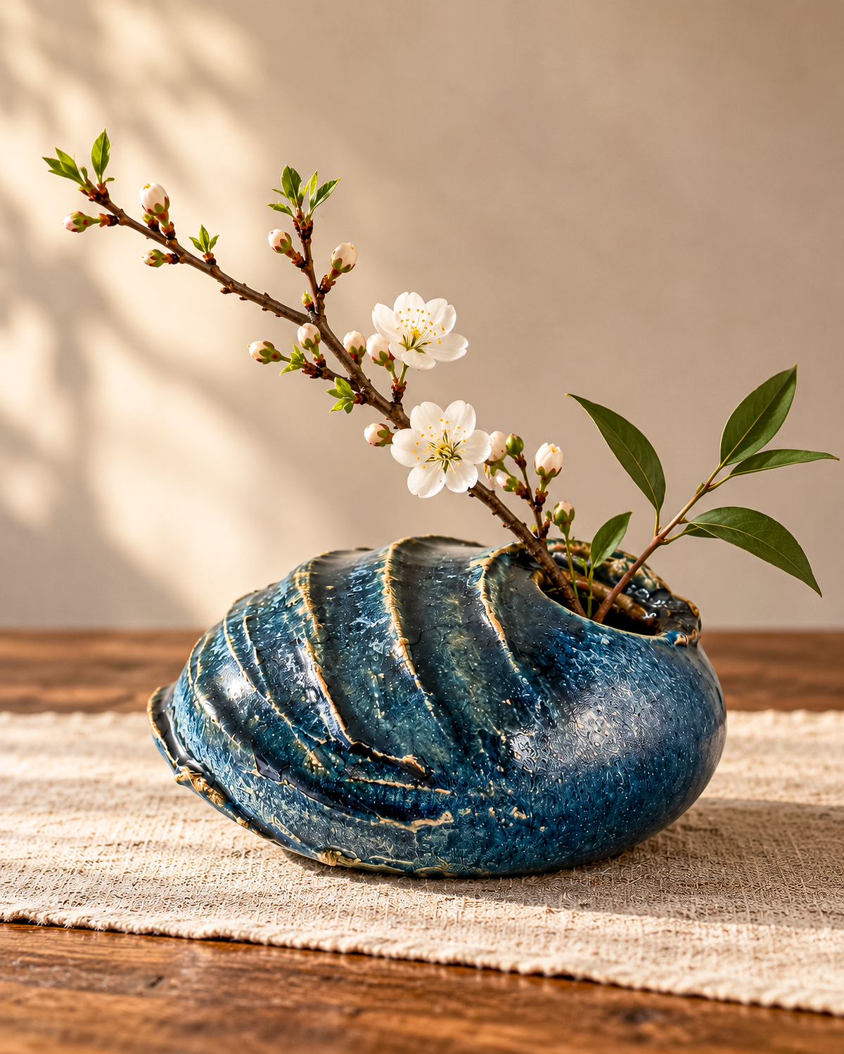 Copper Crane Pottery Ikebana Vase with Blue-Gray Glaze and Sculptural Shell-Like Ridges