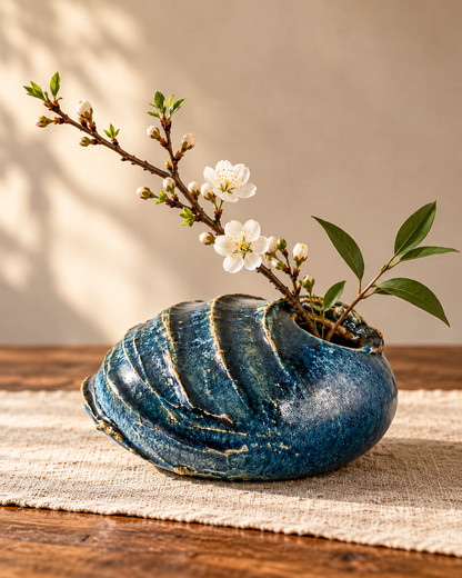 Copper Crane Pottery Ikebana Vase with Blue-Gray Glaze and Sculptural Shell-Like Ridges