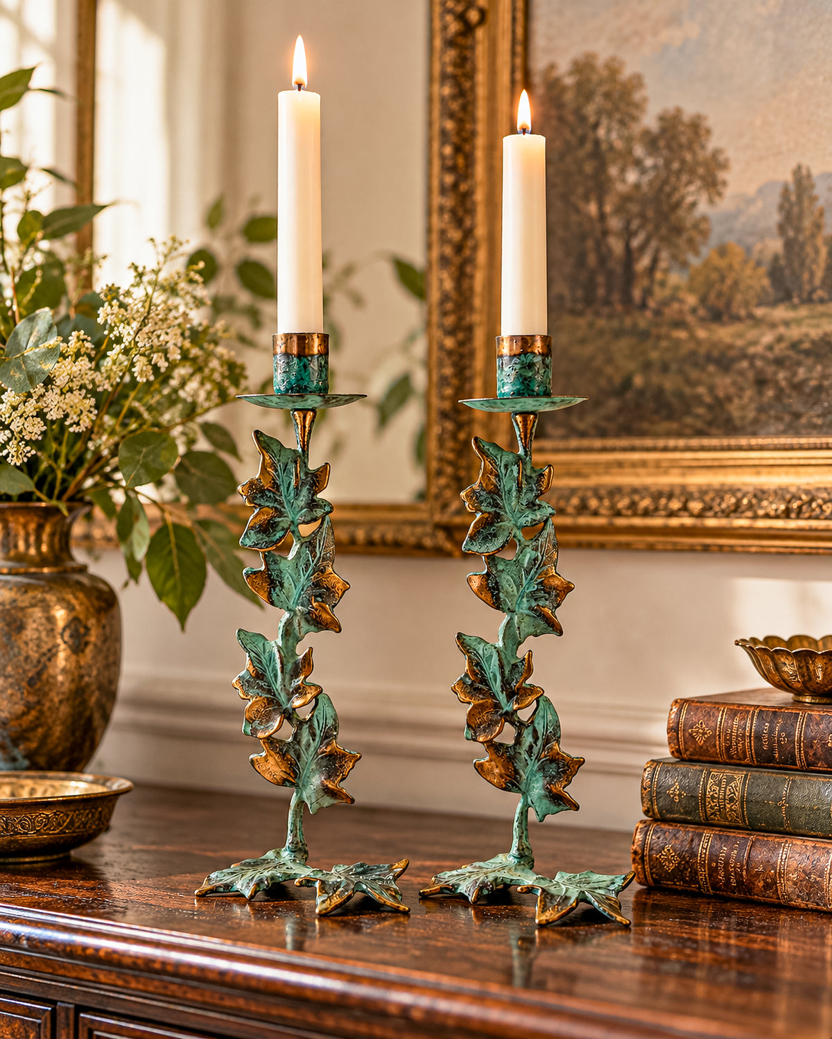 Vintage Metal Ivy Leaf Taper Candle Holders with Green Patina and Gold-Tone Accents, Sold as a Pair