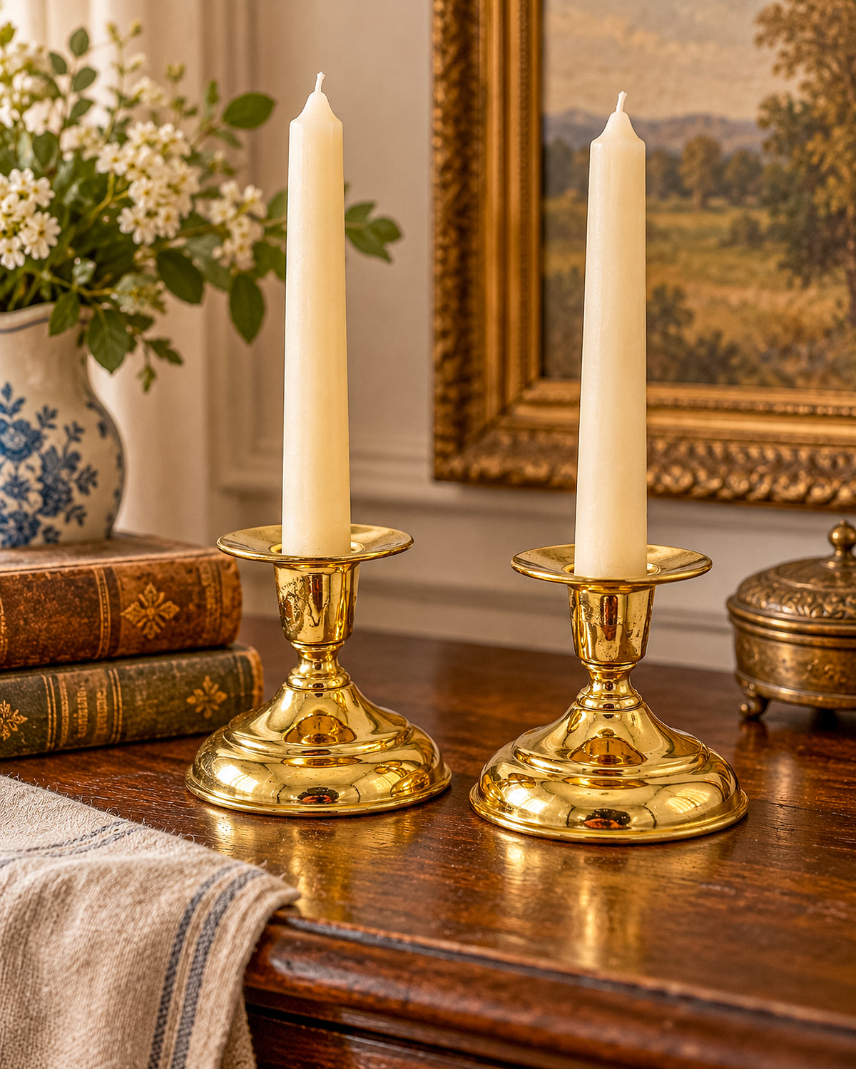 Vintage Brass Taper Candle Holders with Round Bases, Sold as a Pair