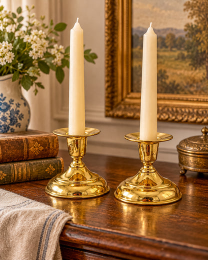 Vintage Brass Taper Candle Holders with Round Bases, Sold as a Pair