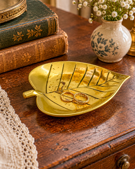 Vintage Brass Leaf Trinket Dish with Vein Detail for Jewelry or keys and Botanical Decor