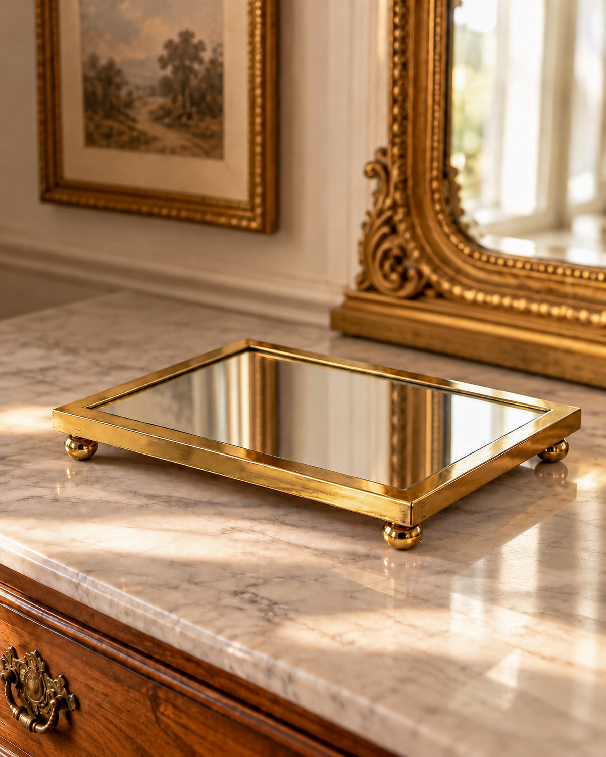 Vintage West Emory Rectangular Brass Mirrored Vanity Tray with Ball Feet